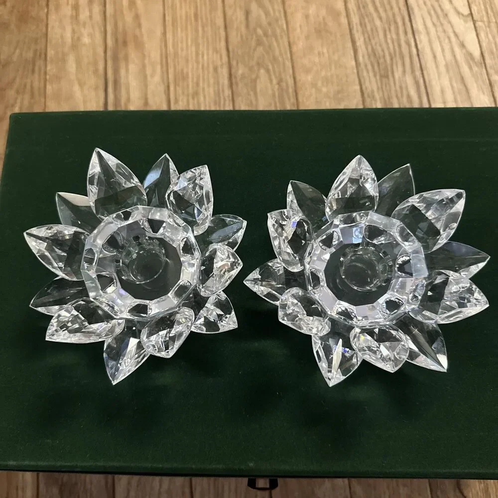 Smith‎ Hawken Crystal Lotus Flower Candle Holders Set In Velvet Box Luxury